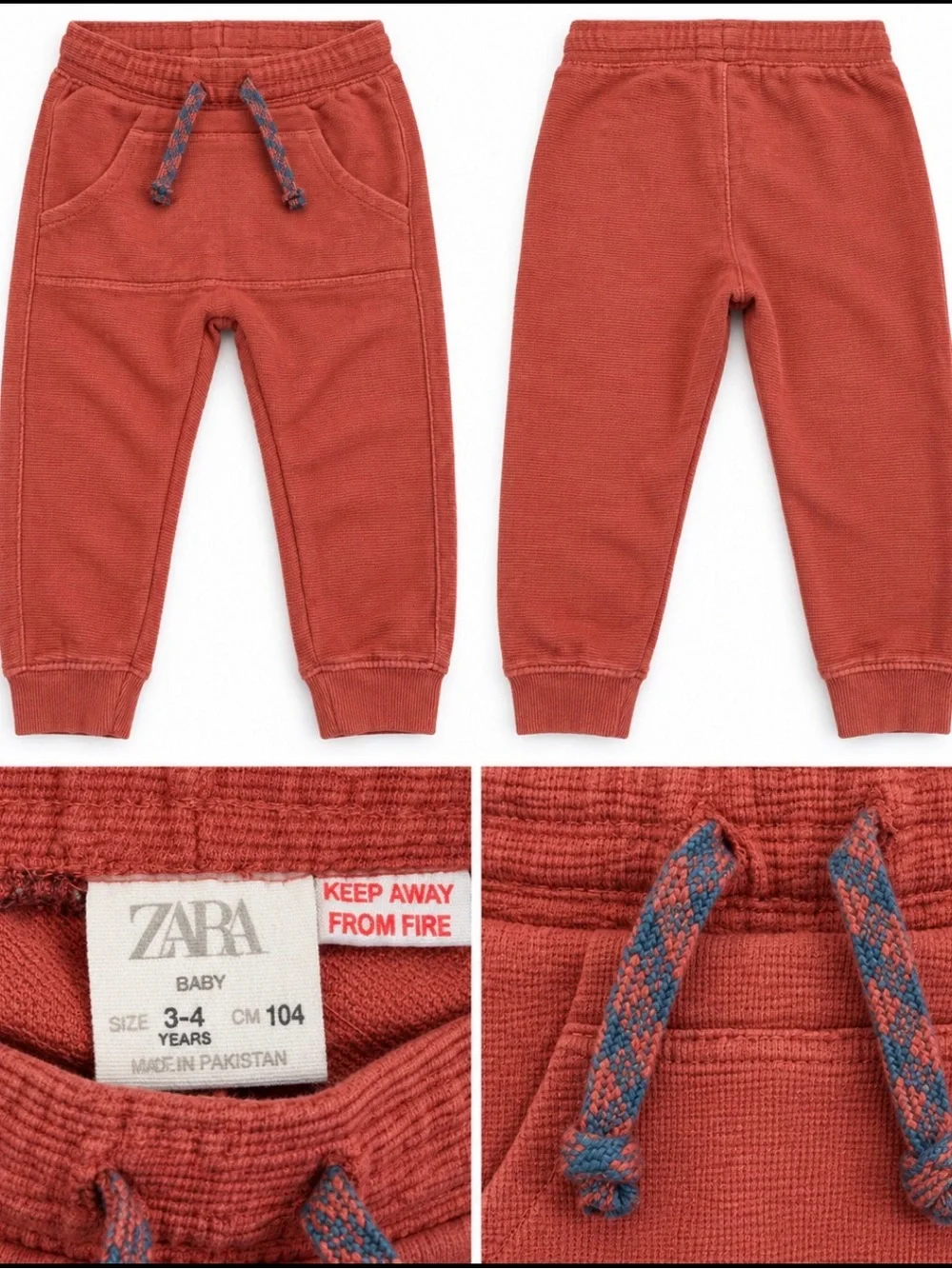 ZARA Kids Rust Red Jogger Sweatpants with Blue Accent Drawstring